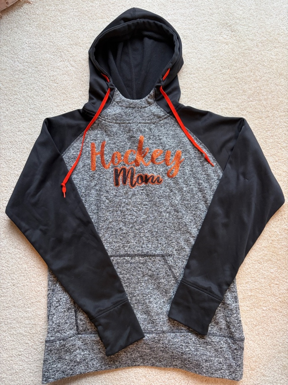 Hockey Mom Hooded Pullover Sweatshirt - Black & Heather Gray with Orange Accents